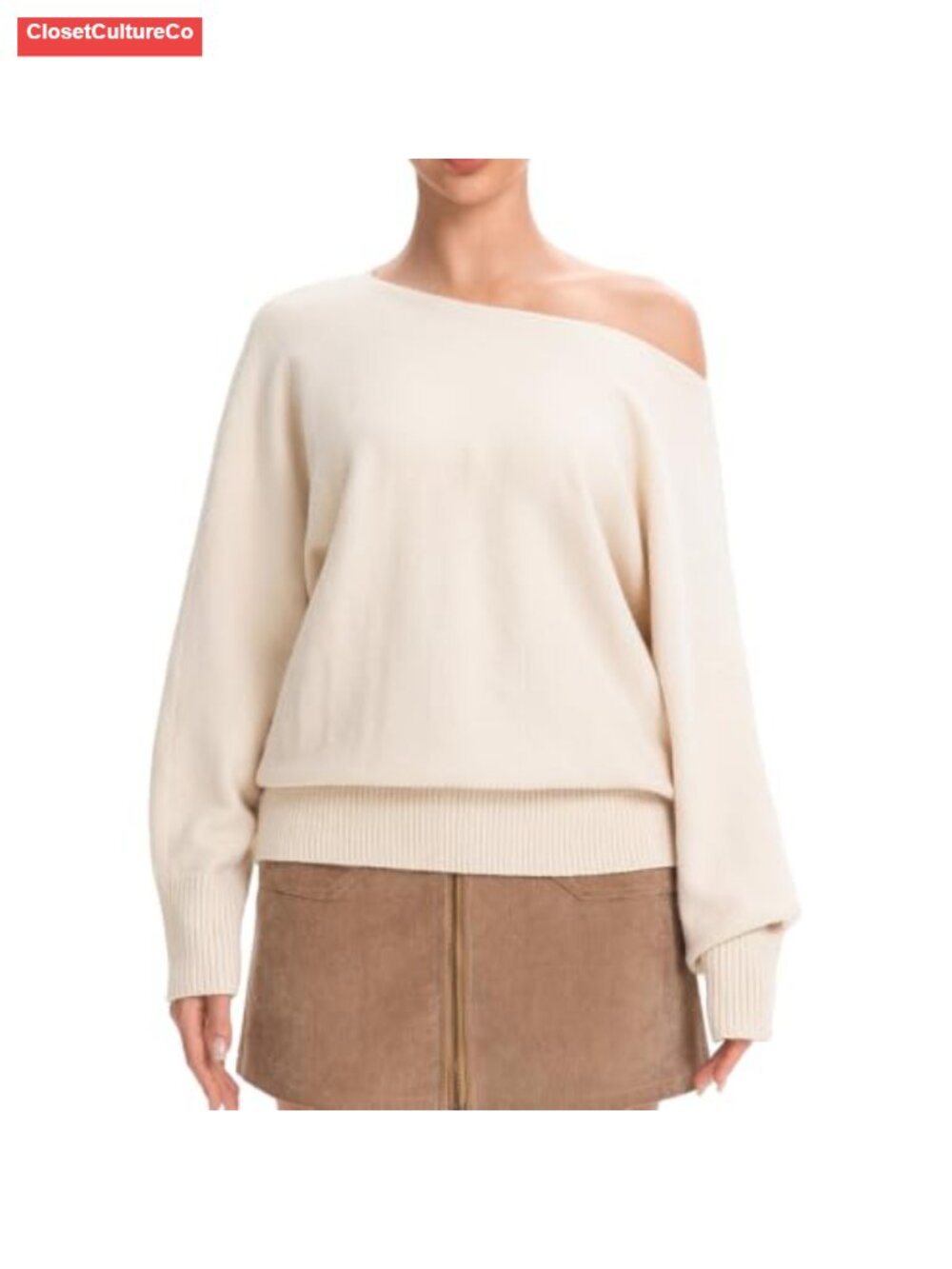 Boat Neck Batwing Sleeve Knit Pullover Sweater Loose Fit